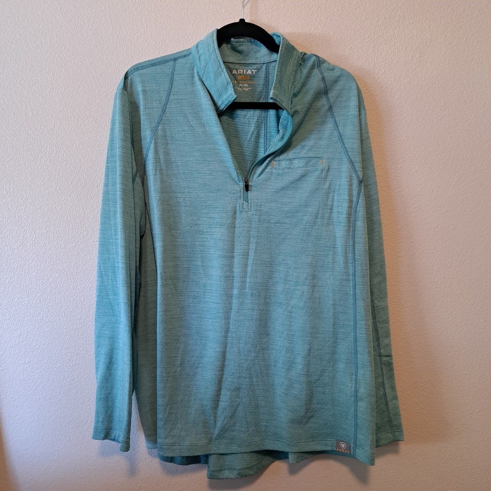 Ariat Rebar Mens 2XL Quarter Zip Work Shirt Teal Blue Heathered Long‎ Sleeve Pkt